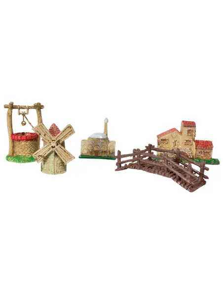 Set of Five Miniature Nativity Accessories: Well, House, Windmill and Bridge