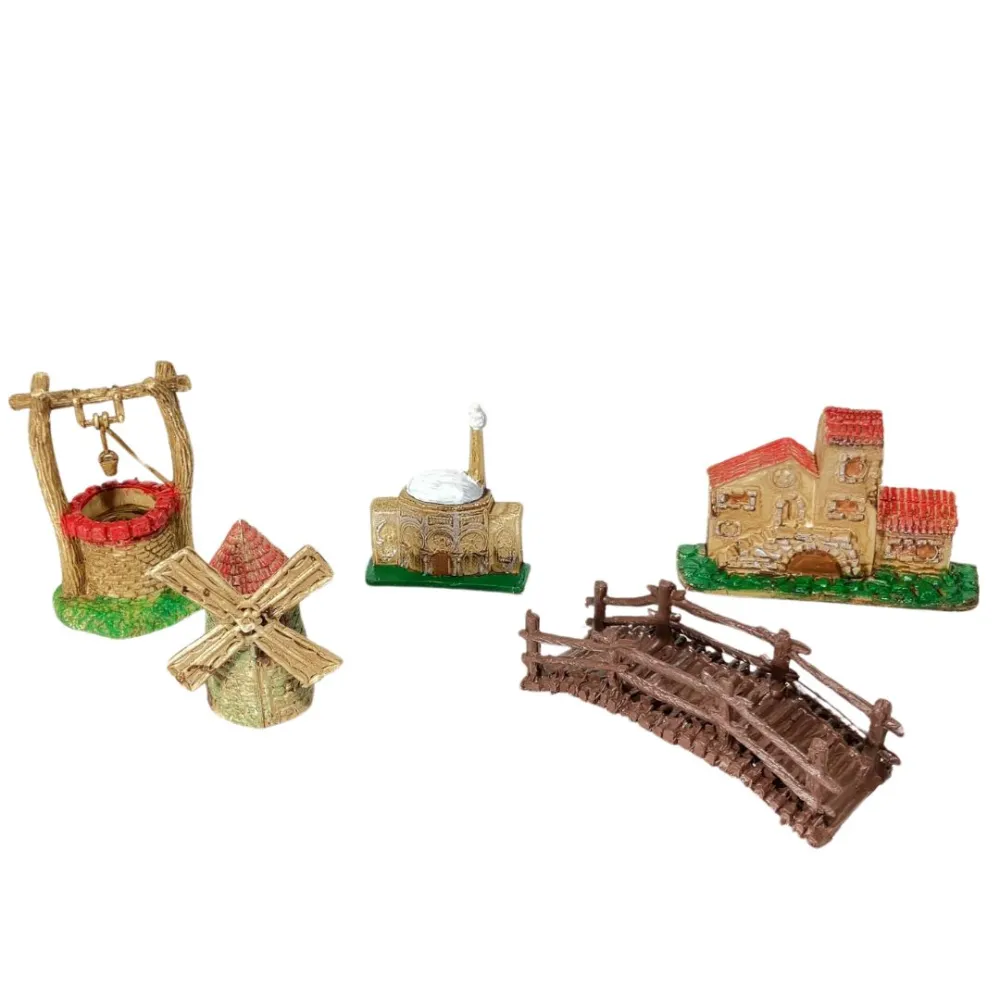Set of Five Miniature Nativity Accessories: Well, House, Windmill and Bridge