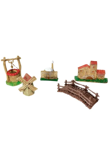 Set of Five Miniature Nativity Accessories: Well, House, Windmill and Bridge