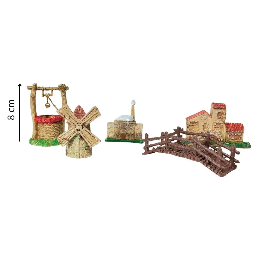 Set of Five Miniature Nativity Accessories: Well, House, Windmill and Bridge