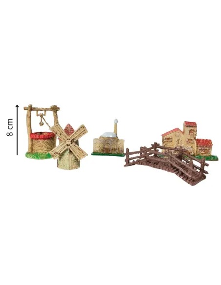 Set of Five Miniature Nativity Accessories: Well, House, Windmill and Bridge
