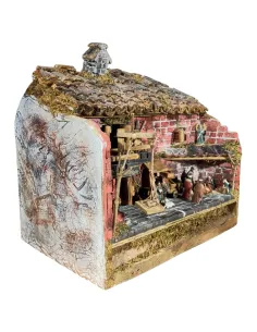 Presepe popolare in legno e gesso con luce e fuoco con statue da 3,5 cm 2