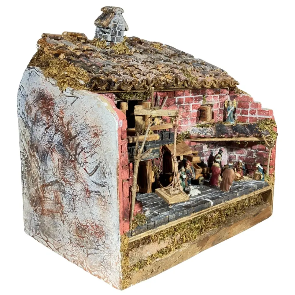 Presepe popolare in legno e gesso con luce e fuoco con statue da 3,5 cm