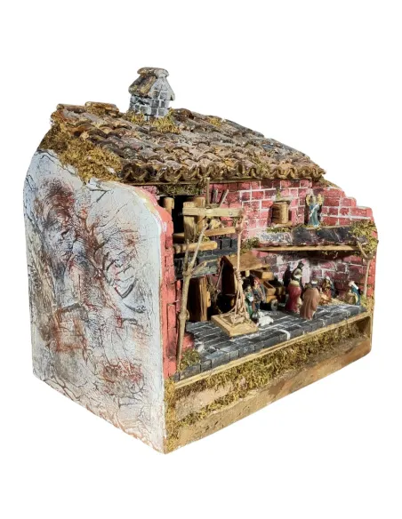 Presepe popolare in legno e gesso con luce e fuoco con statue da 3,5 cm
