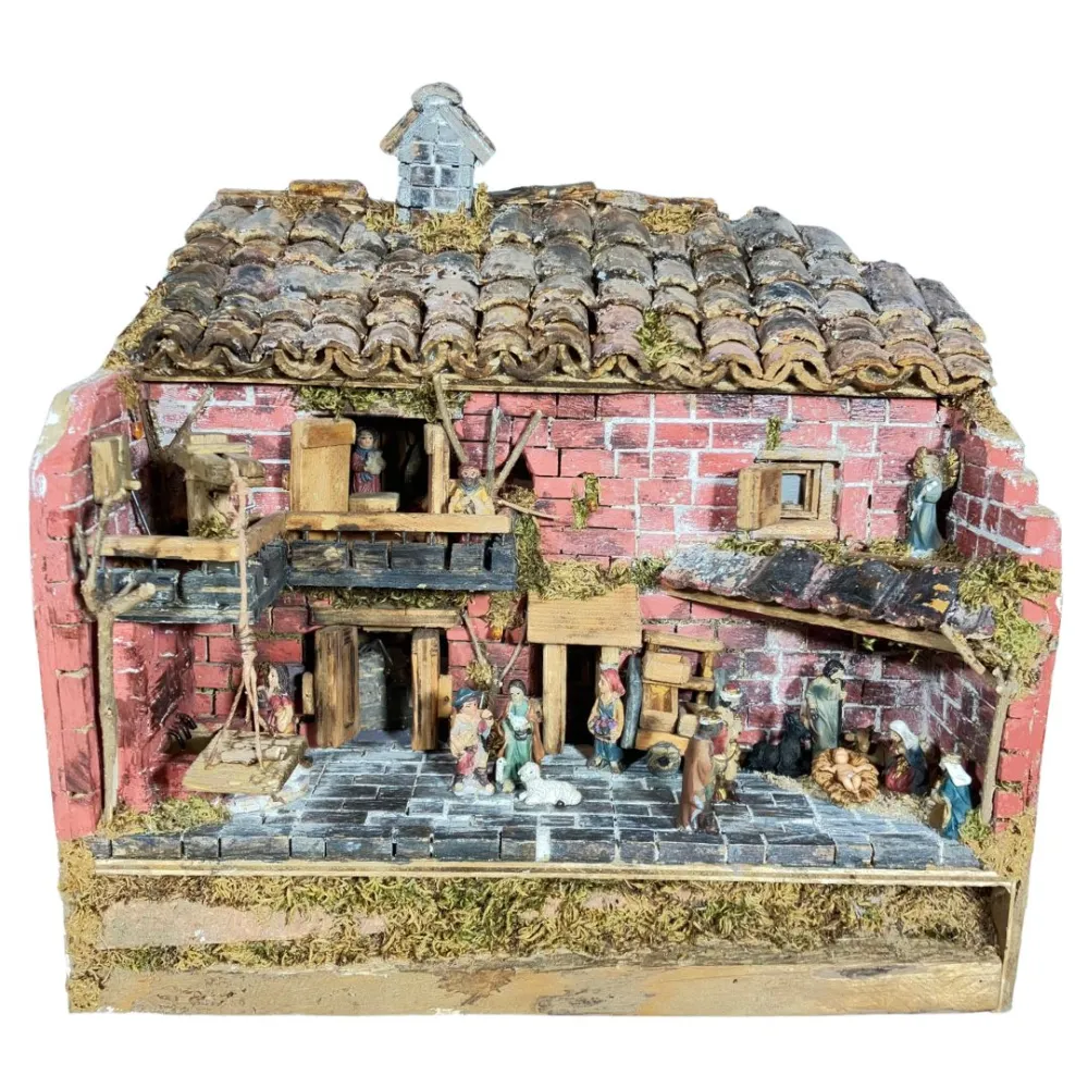 Traditional Nativity Scene in Wood and Plaster with Lights, Fire Effect and 3,5 cm Nativity Figures