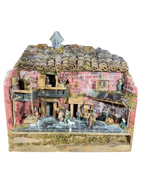 Presepe popolare in legno e gesso con luce e fuoco con statue da 3,5 cm