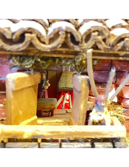 Presepe popolare in legno e gesso con luce e fuoco con statue da 3,5 cm
