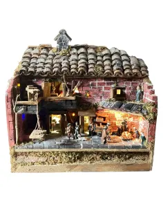 Presepe popolare in legno e gesso con luce e fuoco con statue da 3,5 cm