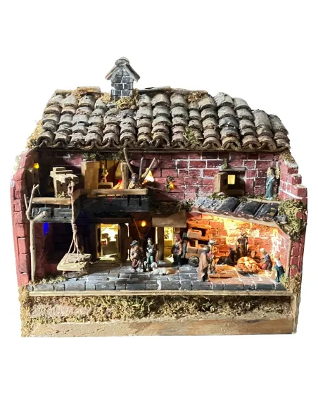 Presepe popolare in legno e gesso con luce e fuoco con statue da 3,5 cm