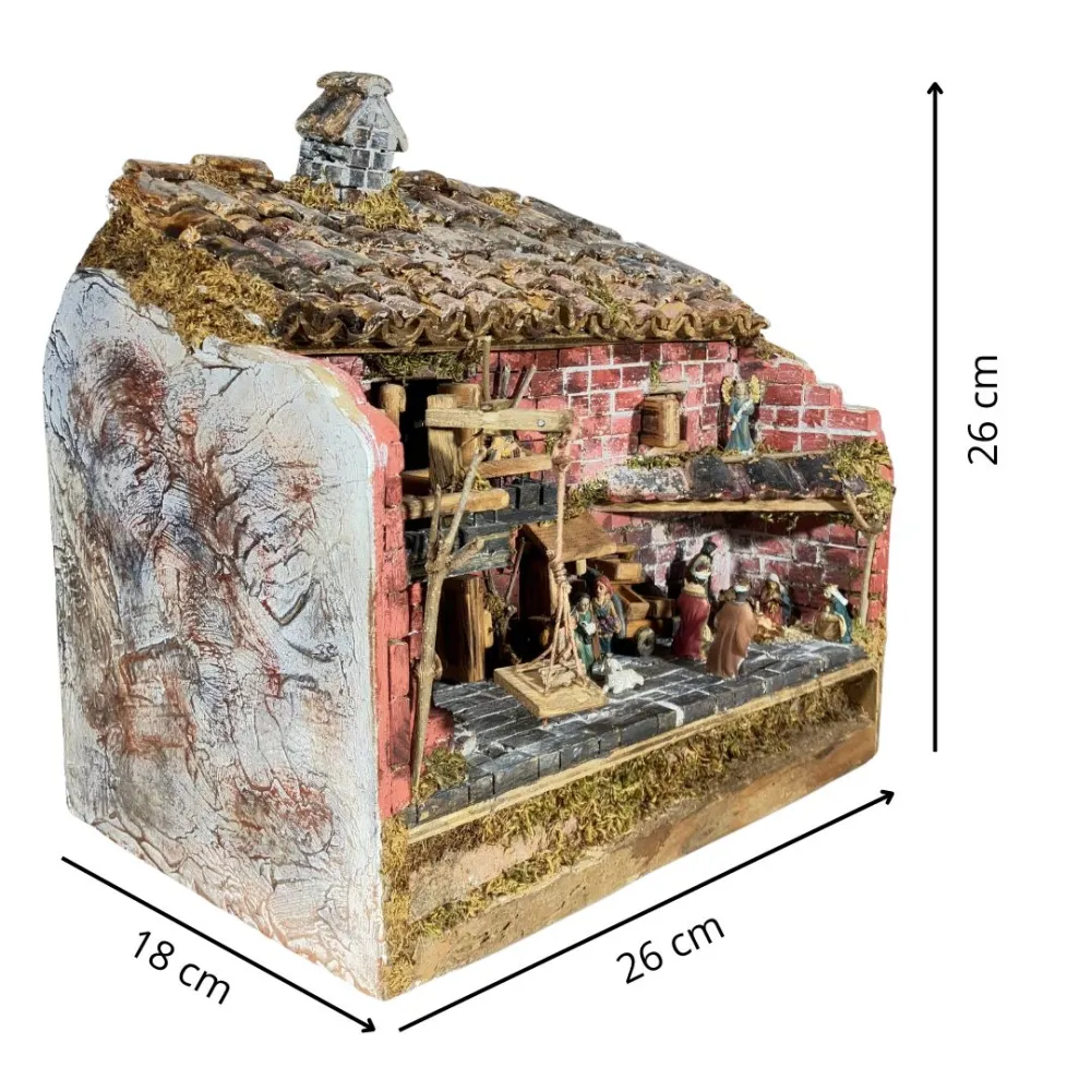 Presepe popolare in legno e gesso con luce e fuoco con statue da 3,5 cm