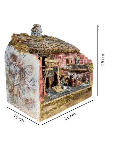 Presepe popolare in legno e gesso con luce e fuoco con statue da 3,5 cm