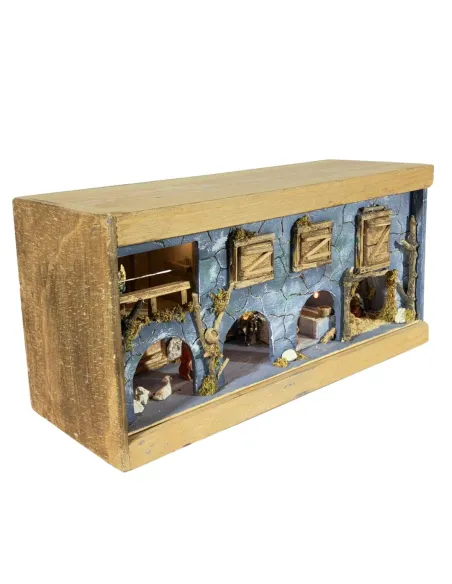 Nativity Scene in Wooden Wine Crate with Lights, Fire Effect and 3,5 cm Nativity Figures