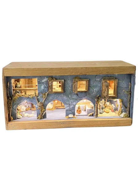 Presepe su cassetta vino con luci e fuoco con statue da 3,5 cm