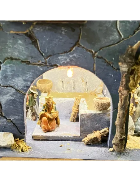 Presepe su cassetta vino con luci e fuoco con statue da 3,5 cm