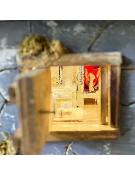 Presepe su cassetta vino con luci e fuoco con statue da 3,5 cm