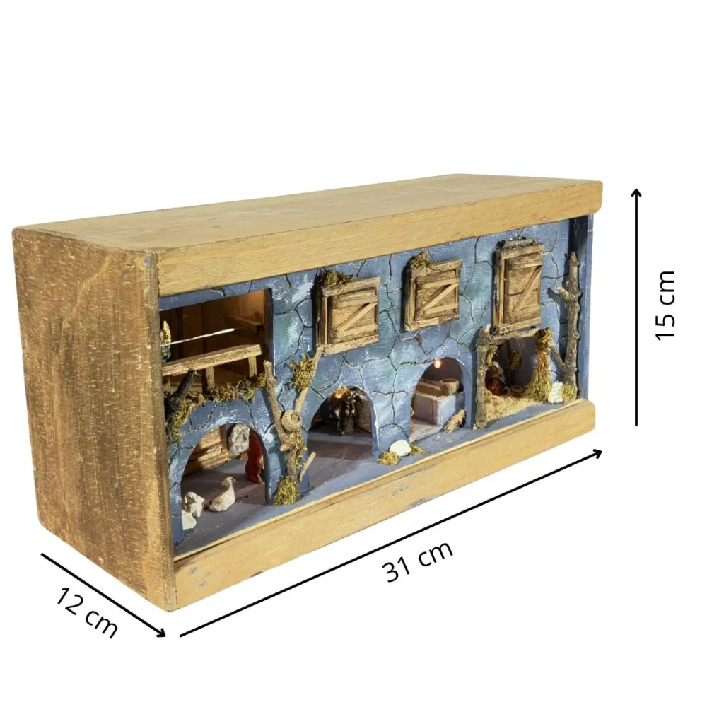 Nativity Scene in Wooden Wine Crate with Lights, Fire Effect and 3,5 cm Nativity Figures