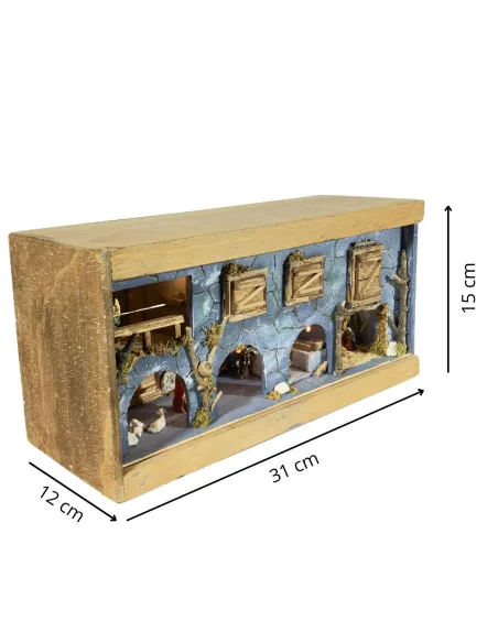Presepe su cassetta vino con luci e fuoco con statue da 3,5 cm