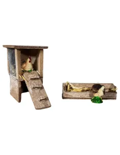 Pollaio con 2 galline e mangiatoia per statue da 8-10 cm 2