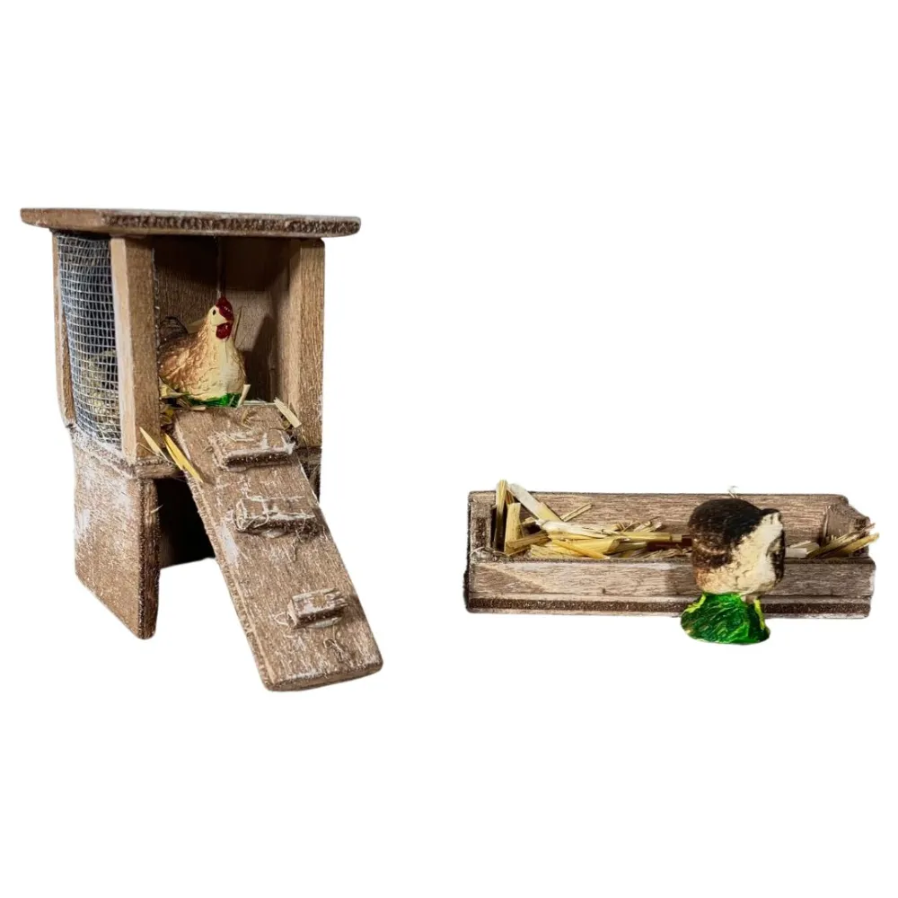 Chicken Coop with Two Hens and Chicken Feeder for 8–10 cm Nativity Figures