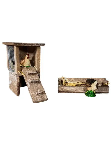 Pollaio con 2 galline e mangiatoia per statue da 8-10 cm