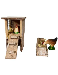 Pollaio con 2 galline e mangiatoia per statue da 8-10 cm