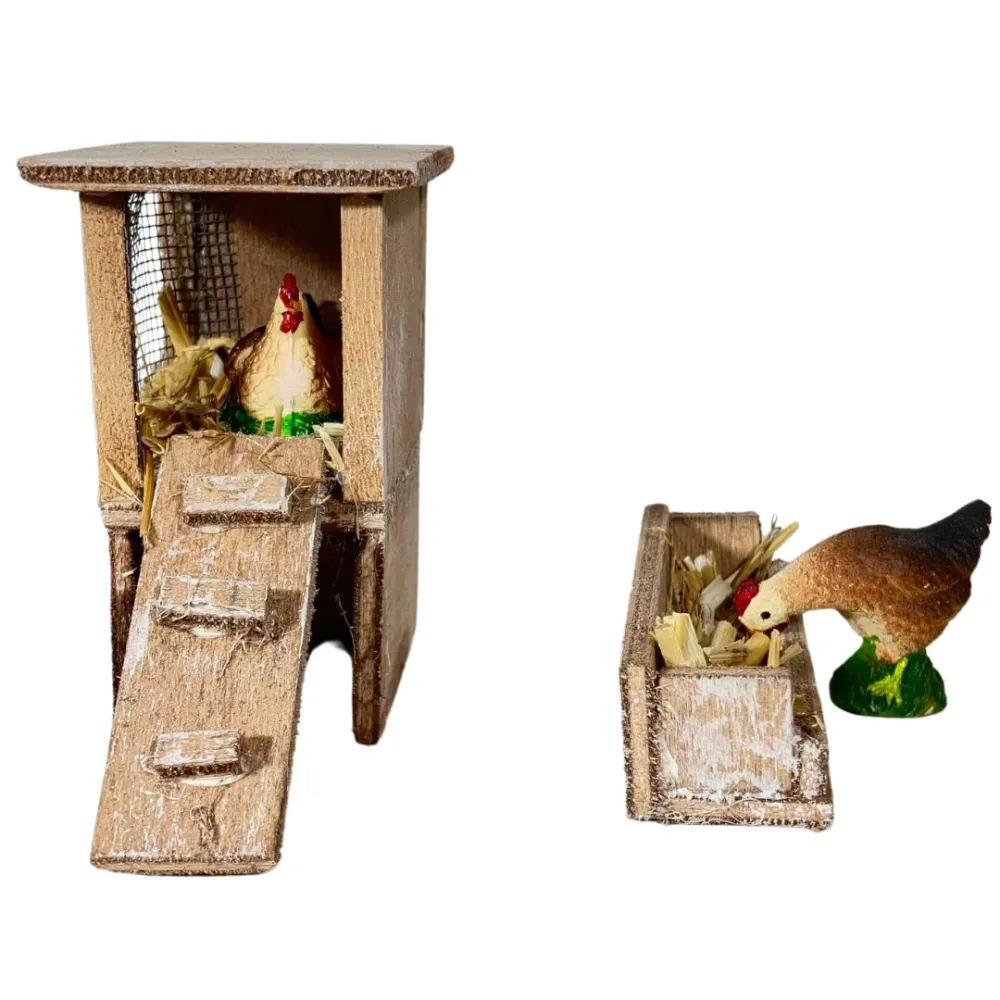 Chicken Coop with Two Hens and Chicken Feeder for 8–10 cm Nativity Figures