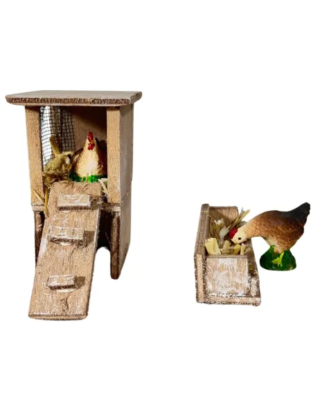 Pollaio con 2 galline e mangiatoia per statue da 8-10 cm