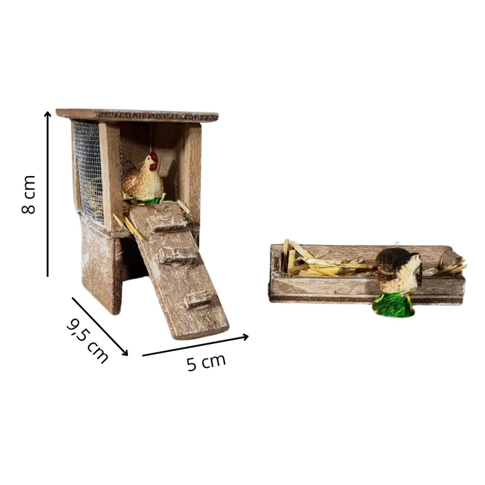 Chicken Coop with Two Hens and Chicken Feeder for 8–10 cm Nativity Figures