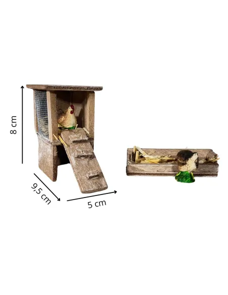 Chicken Coop with Two Hens and Chicken Feeder for 8–10 cm Nativity Figures