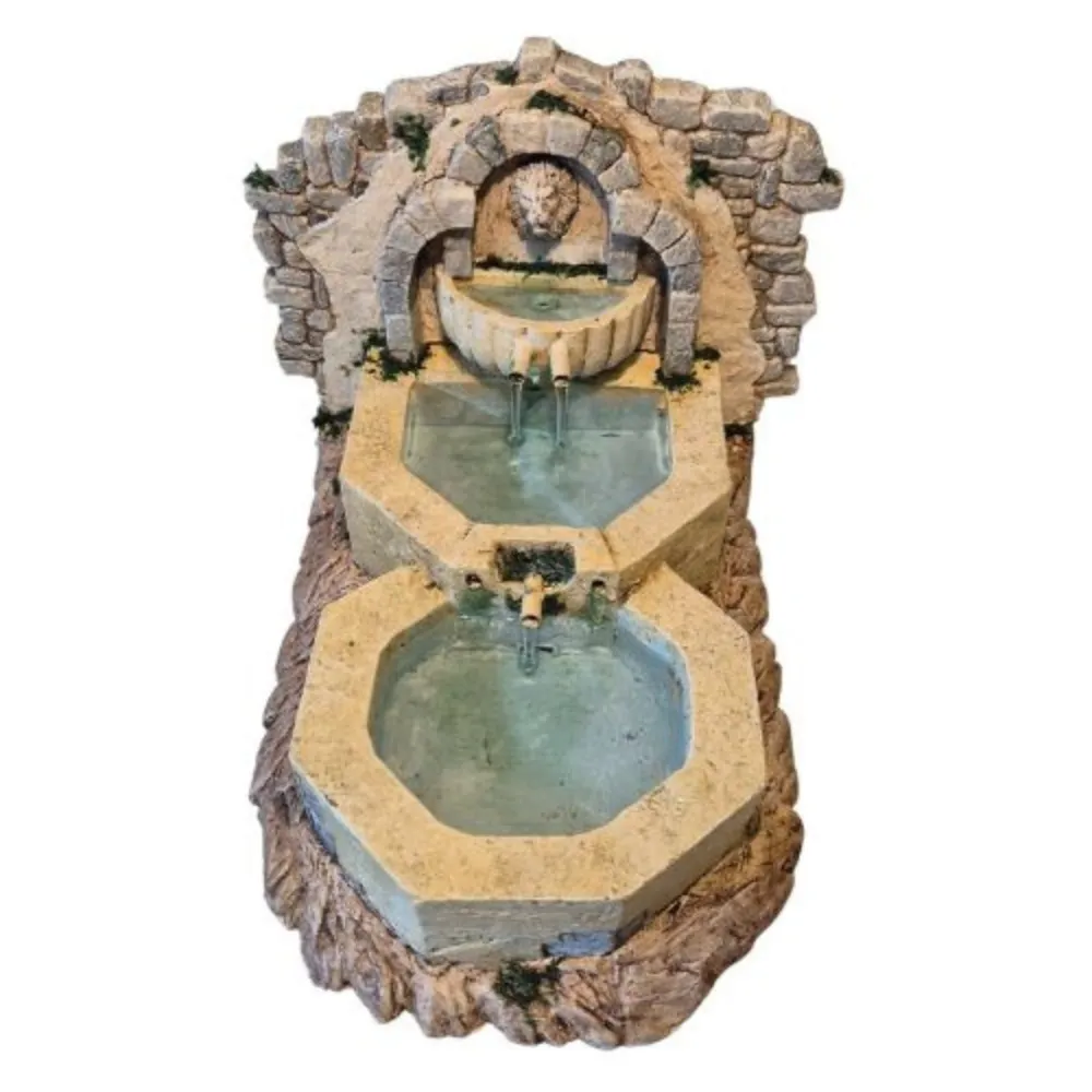 Hexagonal triple-basin resin fountain for 12–15 cm Nativity figures