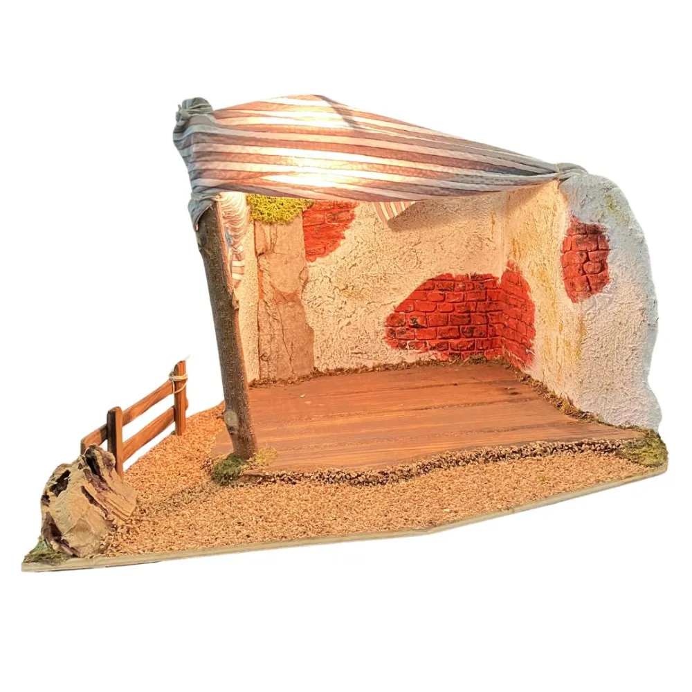 Wooden and Cork Shelter with 220 V Light for 10 cm Nativity Figures