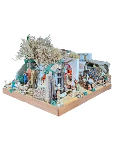 Presepe con 8 movimenti ed acqua in legno e sughero con statue da 10 cm