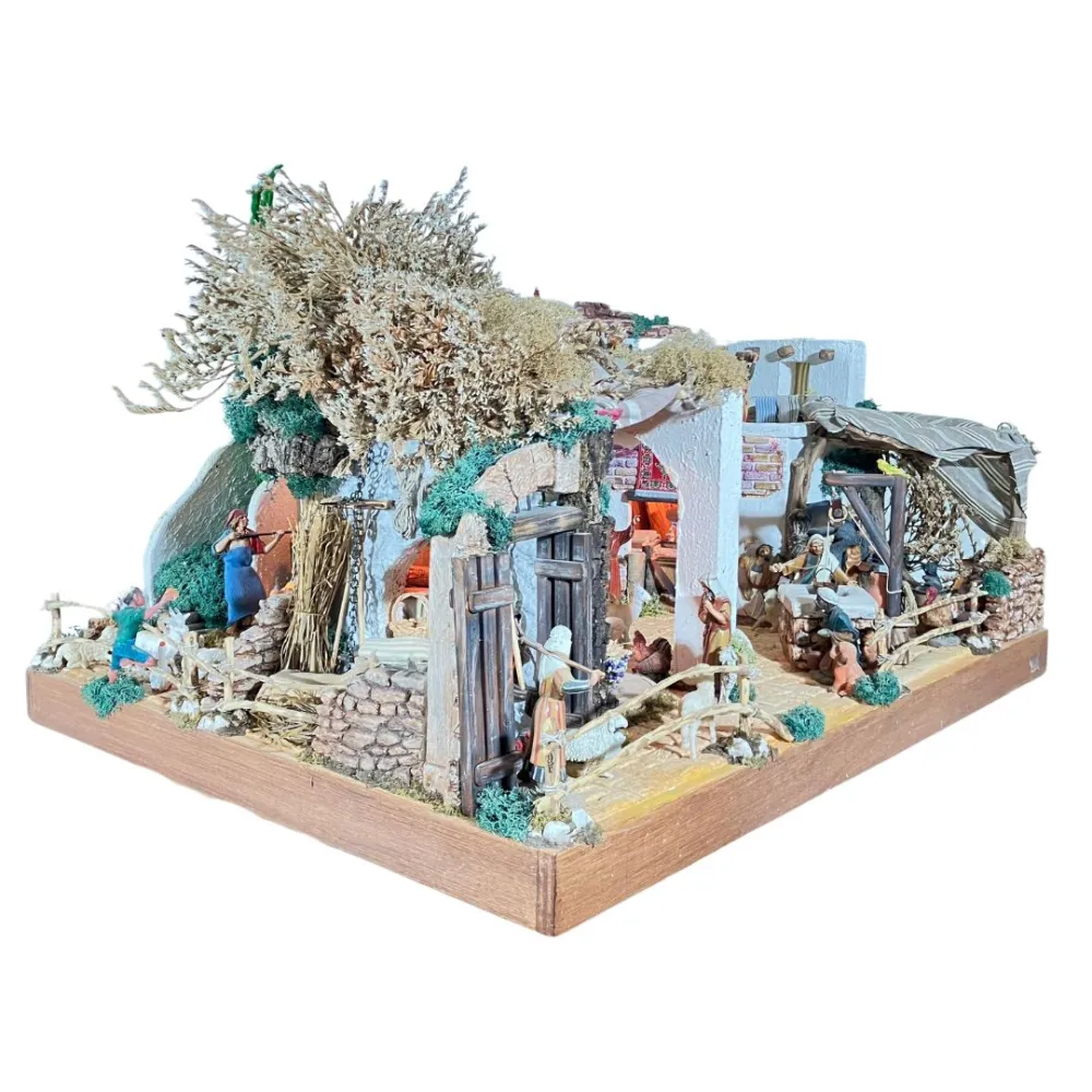 Wooden and Cork Nativity Scene with Eight Moving Figures, Flowing Water and 10 cm Figures