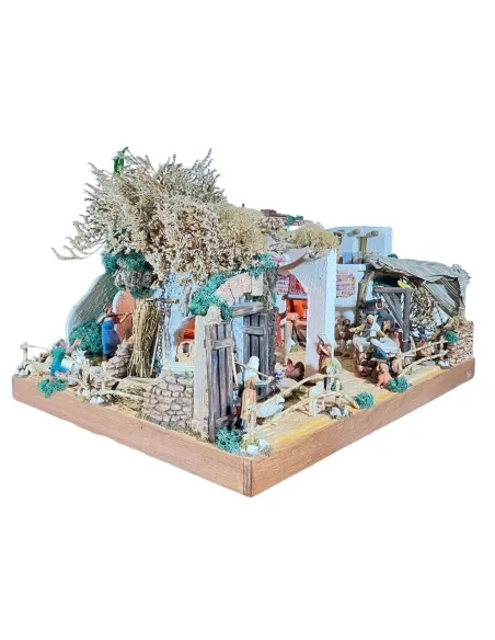 Presepe con 8 movimenti ed acqua in legno e sughero con statue da 10 cm