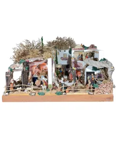 Wooden and Cork Nativity Scene with Eight Moving Figures, Flowing Water and 10 cm Figures 2