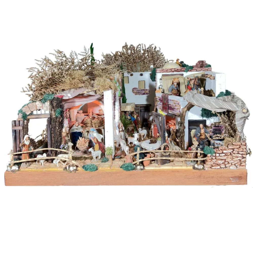 Wooden and Cork Nativity Scene with Eight Moving Figures, Flowing Water and 10 cm Figures