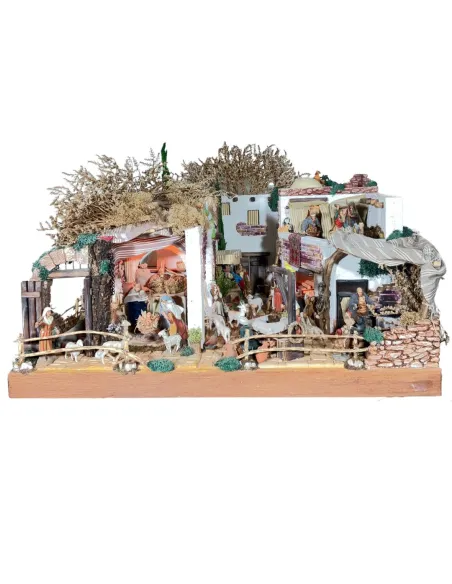 Presepe con 8 movimenti ed acqua in legno e sughero con statue da 10 cm