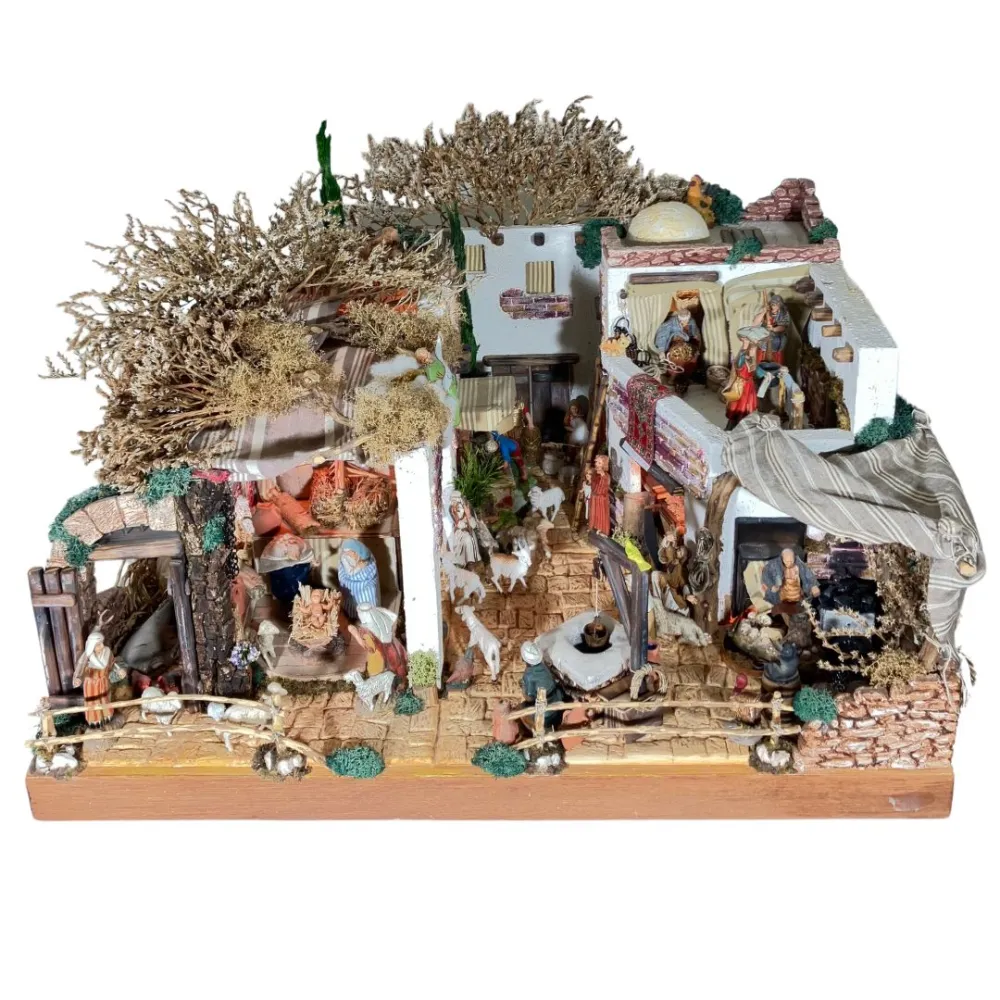 Wooden and Cork Nativity Scene with Eight Moving Figures, Flowing Water and 10 cm Figures