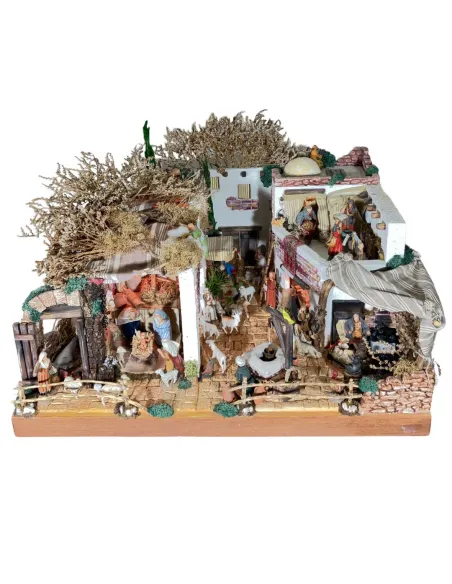 Presepe con 8 movimenti ed acqua in legno e sughero con statue da 10 cm