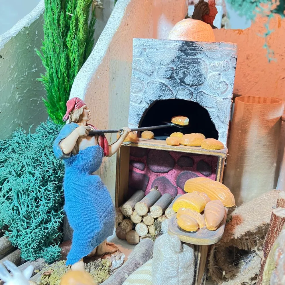 Wooden and Cork Nativity Scene with Eight Moving Figures, Flowing Water and 10 cm Figures