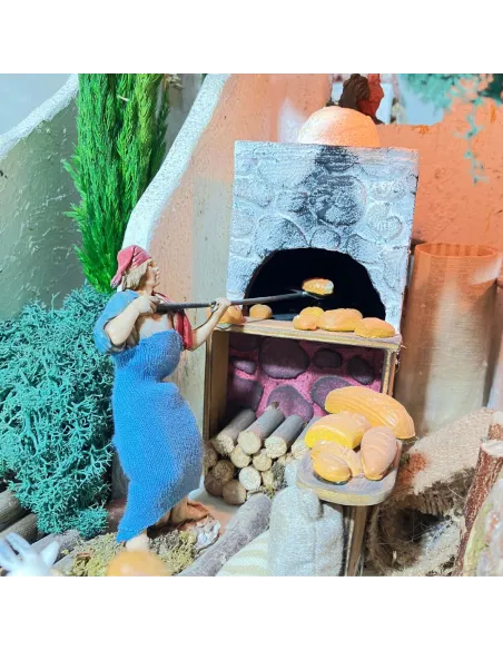 Wooden and Cork Nativity Scene with Eight Moving Figures, Flowing Water and 10 cm Figures