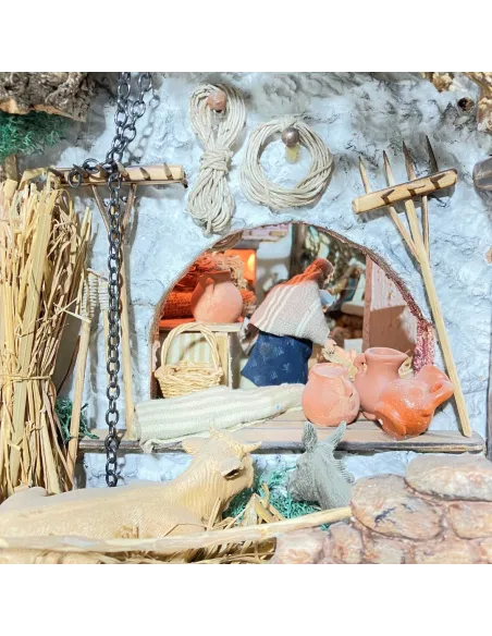 Presepe con 8 movimenti ed acqua in legno e sughero con statue da 10 cm