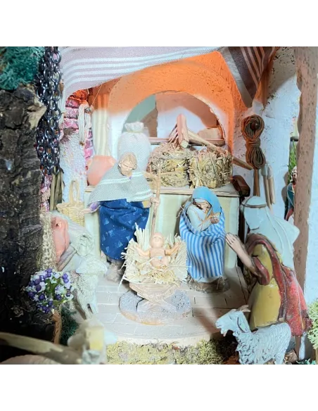 Presepe con 8 movimenti ed acqua in legno e sughero con statue da 10 cm