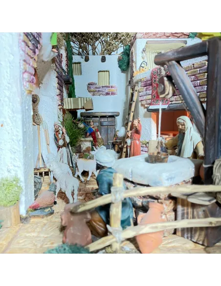 Presepe con 8 movimenti ed acqua in legno e sughero con statue da 10 cm