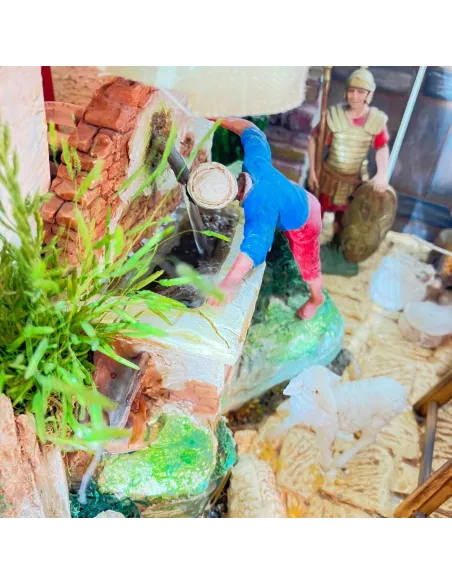 Presepe con 8 movimenti ed acqua in legno e sughero con statue da 10 cm