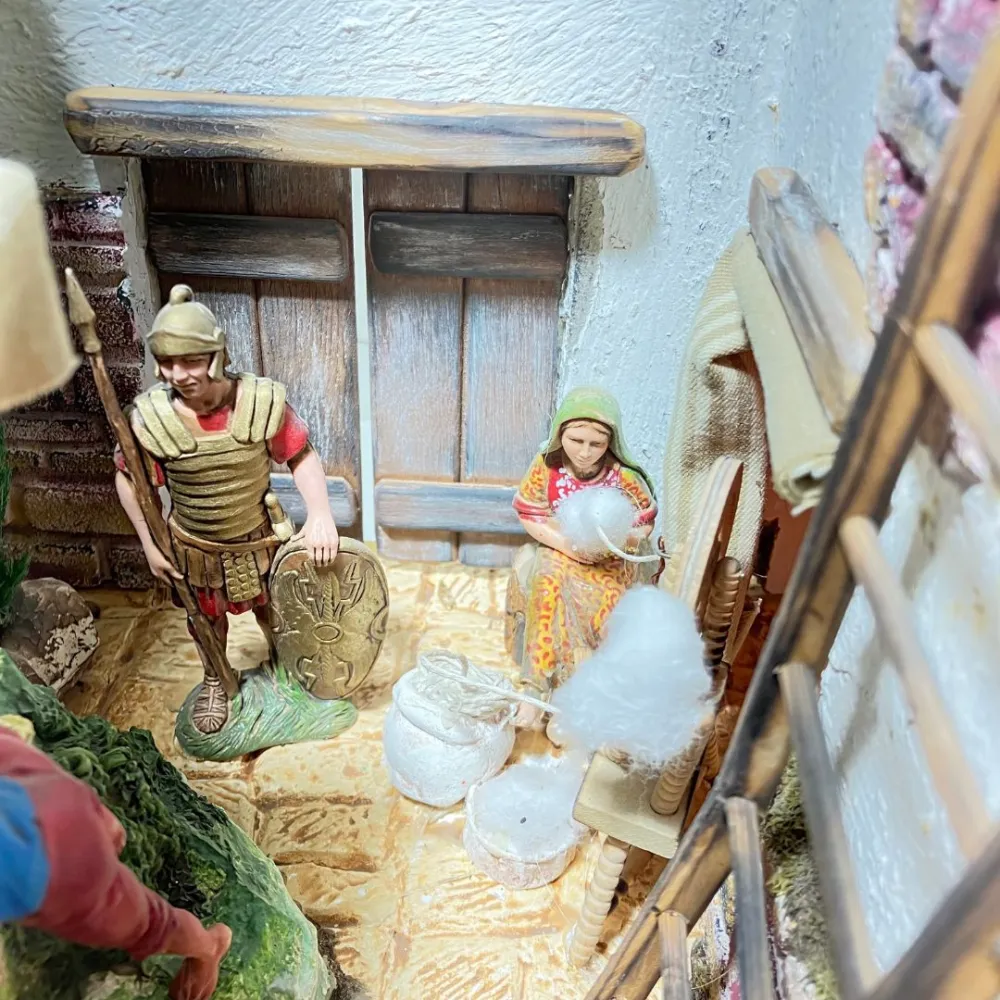 Wooden and Cork Nativity Scene with Eight Moving Figures, Flowing Water and 10 cm Figures