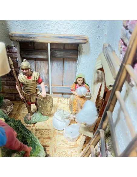 Presepe con 8 movimenti ed acqua in legno e sughero con statue da 10 cm