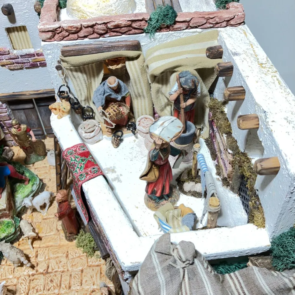 Wooden and Cork Nativity Scene with Eight Moving Figures, Flowing Water and 10 cm Figures