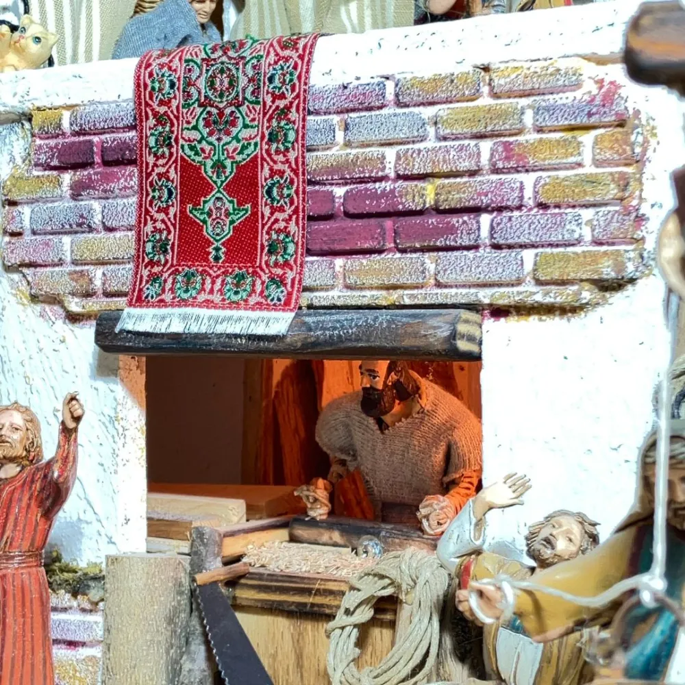 Wooden and Cork Nativity Scene with Eight Moving Figures, Flowing Water and 10 cm Figures