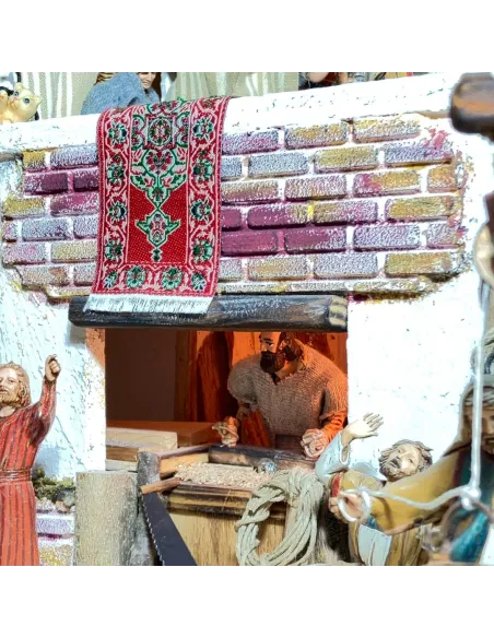 Wooden and Cork Nativity Scene with Eight Moving Figures, Flowing Water and 10 cm Figures